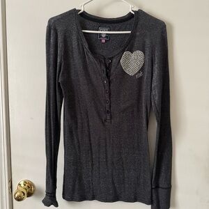 Pink VS Gray Long Sleeve Henley with Heart Detail